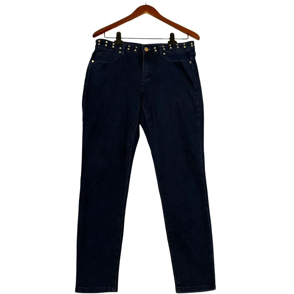 Michael Kors Izzy Skinny Jeans Womens 8 Dark Wash Blue Gold Studded Stretch